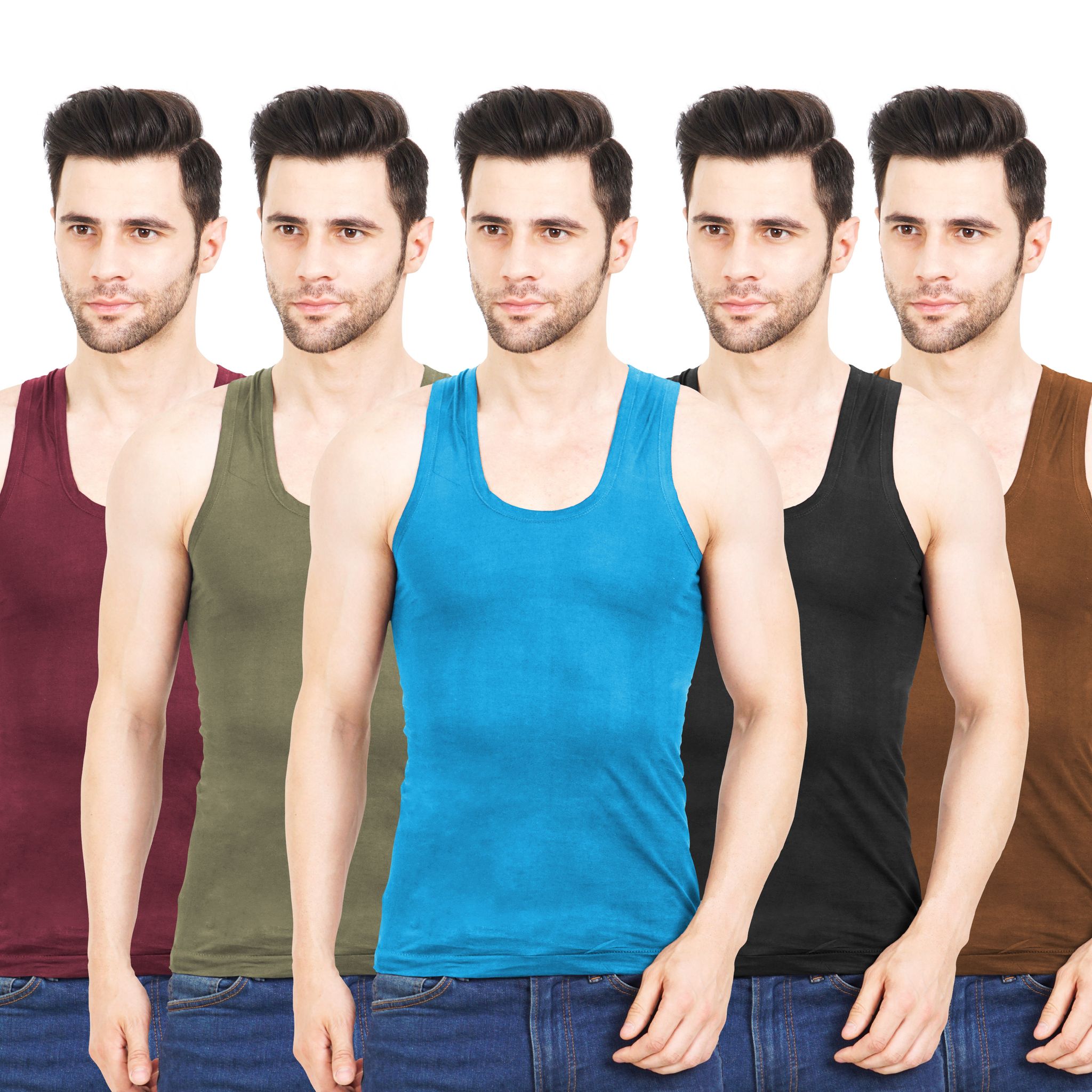 NRG Mens Sleeveless Colour Cotton Vest ( Pack of 5 Maroon - Light Green - Turquoise - Coffee Brown - Light Brown ) G23