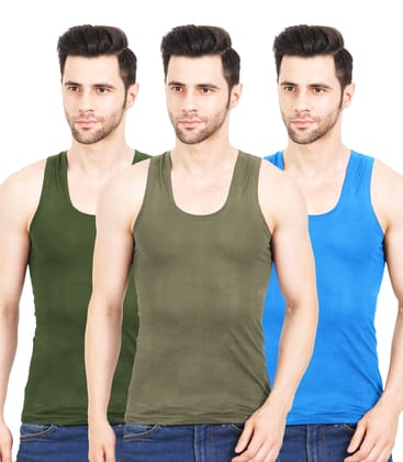 NRG Men Sleeveless Colour Cotton Vest ( Pack of 3 Military Green - Dark Green - Light Blue ) G23