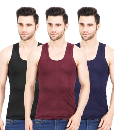 NRG Men Sleeveless Colour Cotton Vest ( Pack of 3 Coffee Brown - Maroon - Navy Blue ) G23