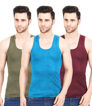 NRG Men Sleeveless Colour Cotton Vest ( Pack of 3 Light Green - Turquoise - Maroon ) G23