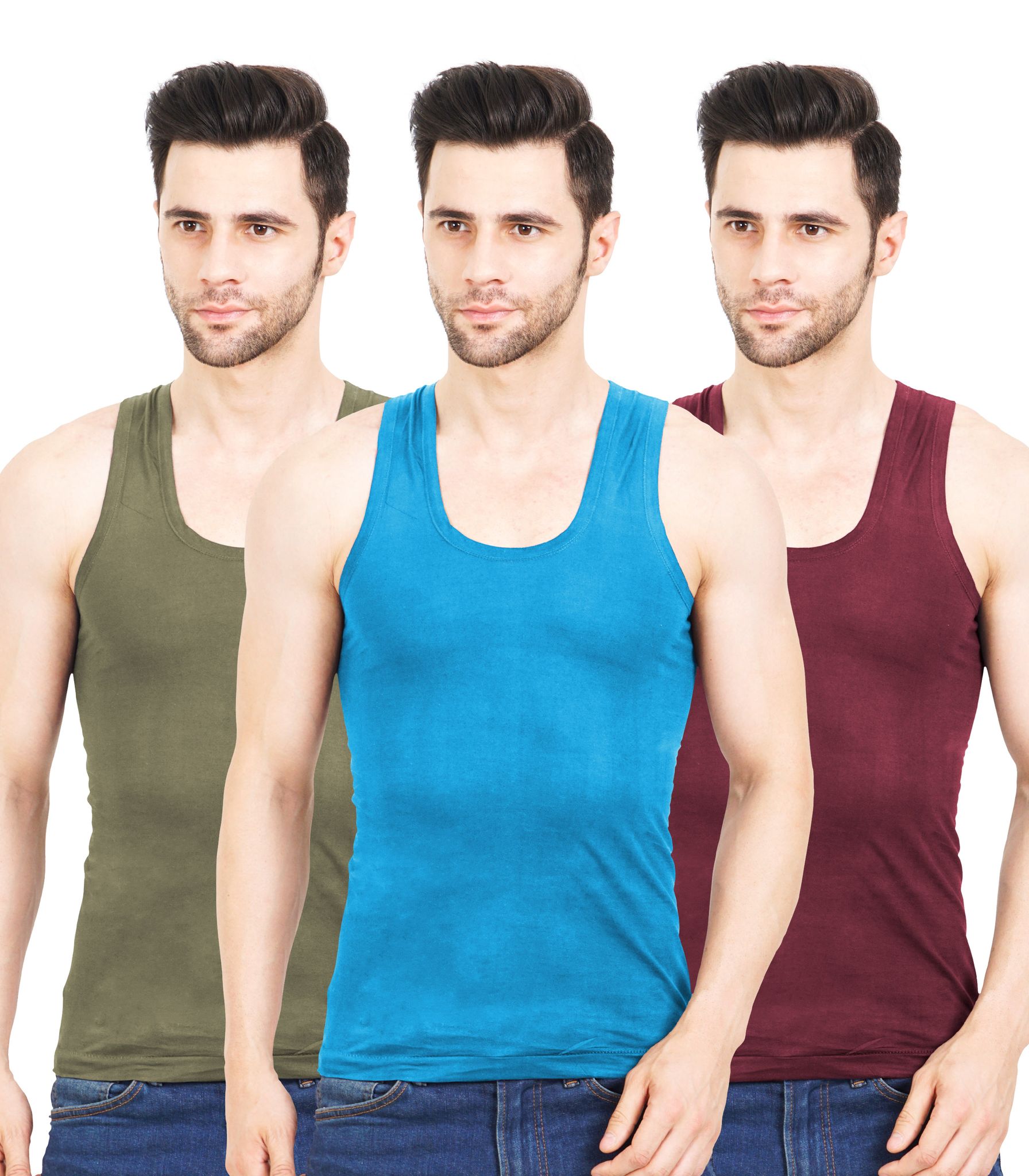 NRG Men Sleeveless Colour Cotton Vest ( Pack of 3 Light Green - Turquoise - Maroon ) G23