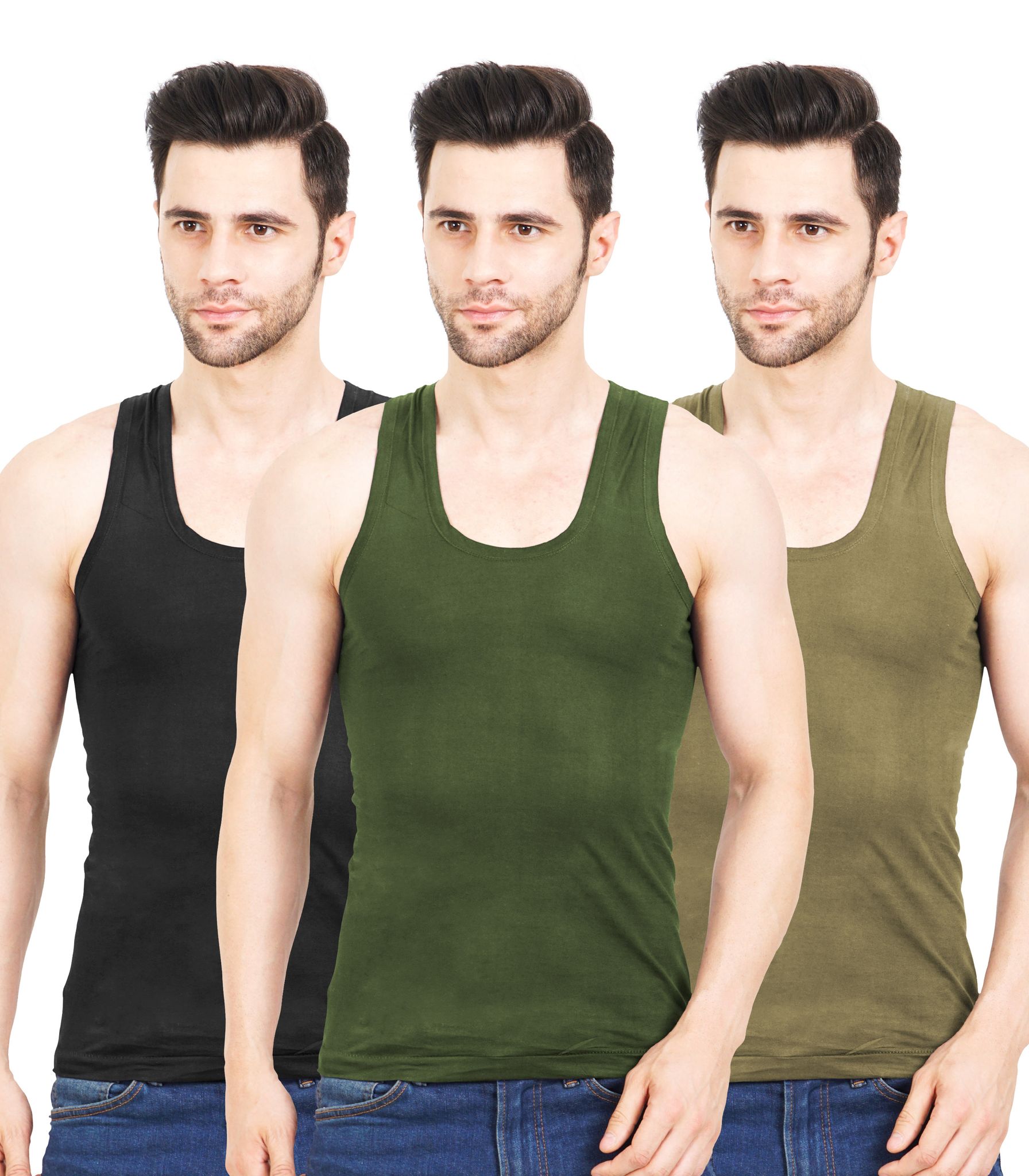 NRG Men Sleeveless Colour Cotton Vest ( Pack of 3 Coffee Brown - Military Green - Dark Green ) G23