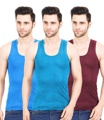 NRG Men Sleeveless Colour Cotton Vest ( Pack of 3 Light Blue - Turquoise - Maroon ) G23