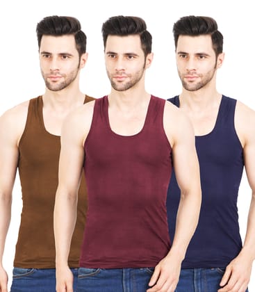 NRG Men Sleeveless Colour Cotton Vest ( Pack of 3 Light Brown - Maroon - Navy Blue ) G23