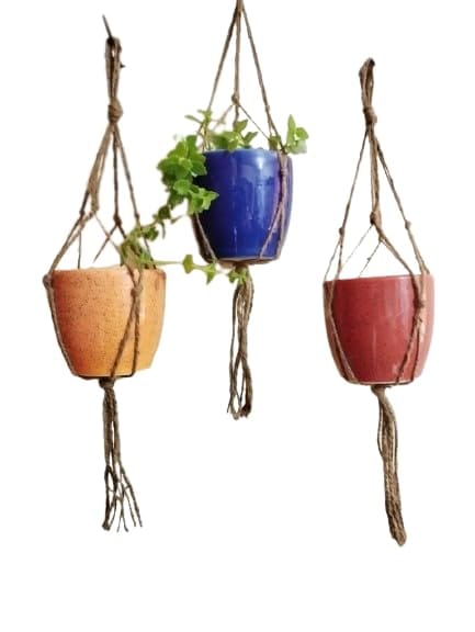 Small Ceramic Planters with Jute Hangers - Set of 3 Flower Pots, Multicolor