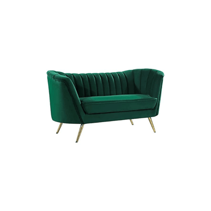 Solid Wood Flared Arm Loveseat with Golden Steel Legs in Premium Suede Velvet Upholstery (Green)