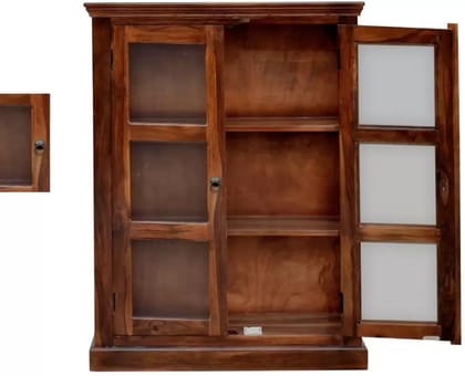 Homes Sheesham Wood Transparent Glass Display Crockery and Book Cabinet Solid Wood Free Standing Cabinet