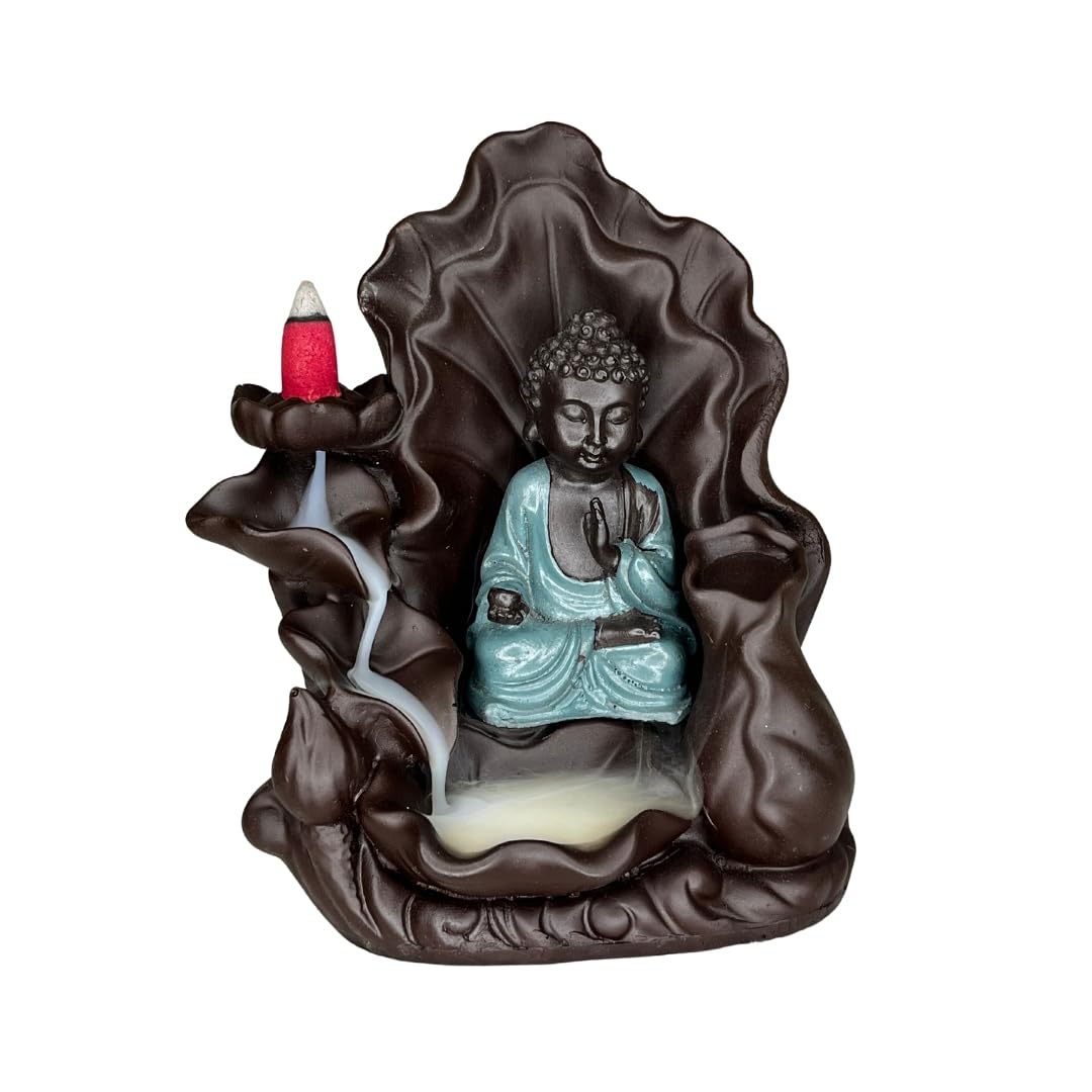 Aaradhak Polyresin Monk Child Smoke Buddha Backflow Smoke Fountain Backflow Incense Burner with 10 Smoke Backflow Scented Cone (Aqua)