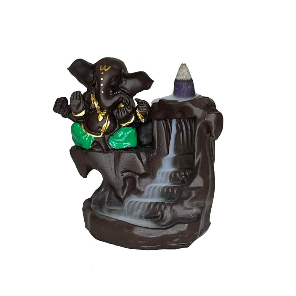 Aaradhak Lord Bal Ganesha Smoke Fountain Polyresin Incense Burner with 10 Backflow Scented Cone Incense (Green)