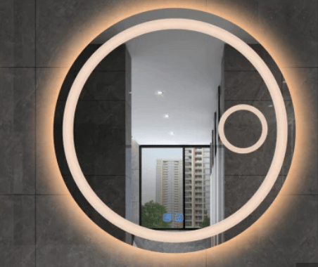 Round Wall Silver Bathroom Mirror Glass with LED Light Lamp