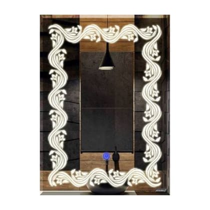 Rectangular Shaped Flower Design Mirror, LED illuminated Vanity Mirror with Touch Sensor, Wall Mounted Mirror for Bathroom, bedroom & makeup room