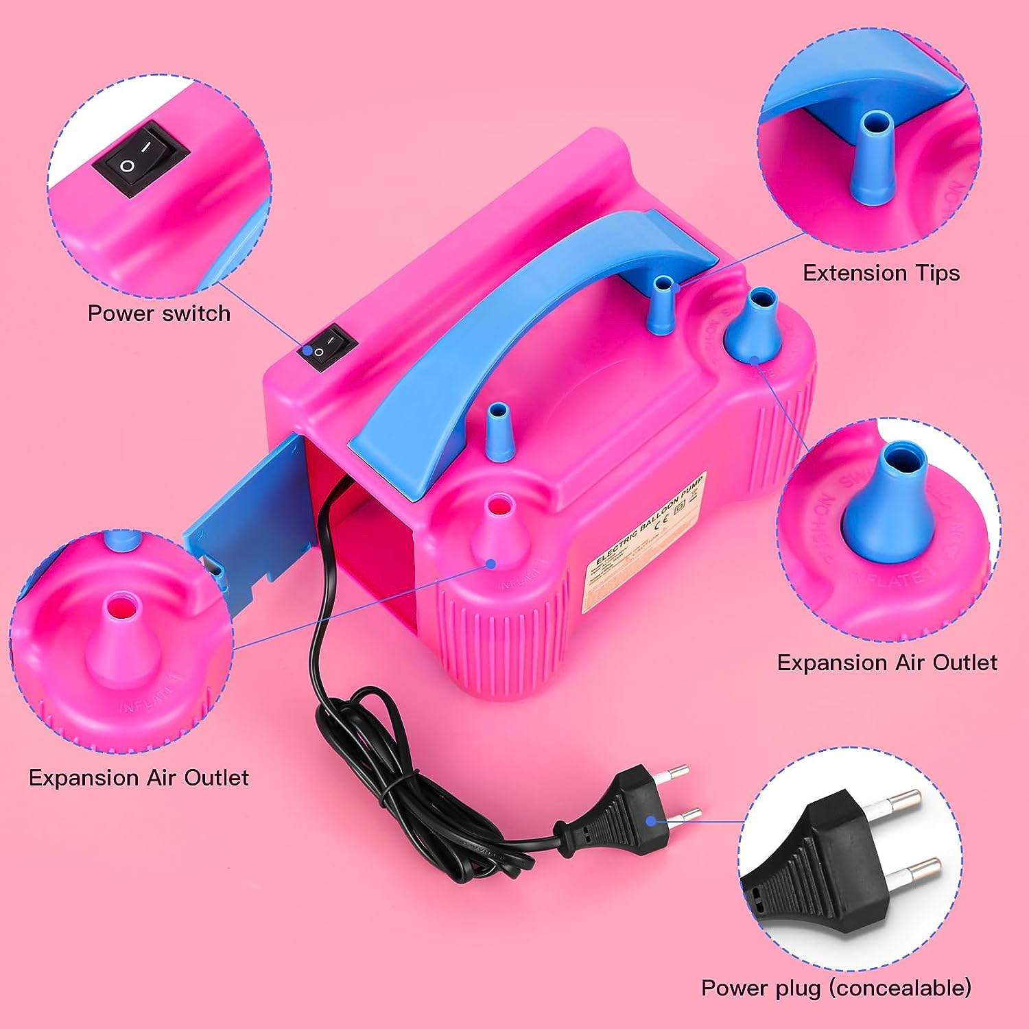 Magicwand High Output Double Nozzle Multi-Colored Electric Balloon Pump for Birthday Parties