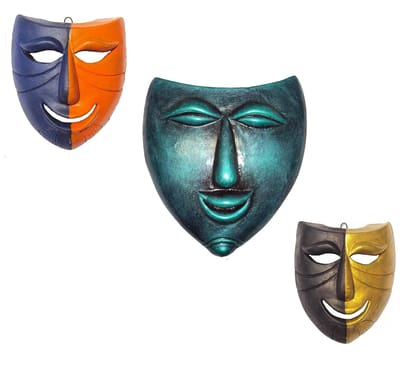 NEW LIFE Terracotta Wall Hanging Home Decorative Laughing Decorative Mask Set-3pcs (Multicolour, 25 cm)