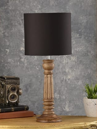 Green Girgit Pillar Brown Lamp With Black Cotton Shade