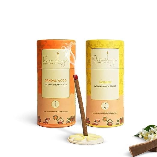 Nirmalaya Confidence Pack (Pack of 2) | Dhoop Sticks for Pooja 40 Sticks | 2 Fragrances - Sandalwood, Jasmine Bamboo Less Dhoop Sticks for Home/Office | Dhup for Puja with Holder Stand