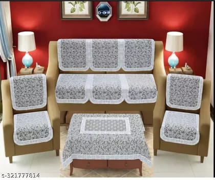 Balley sofa cover 5 seater with table cover(40×60) cotton material silver colour set of 10 pieces (3+1+1)White