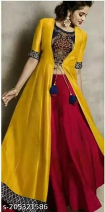 Women Ethnic Set of Rayon Crop Top Skirt and Shrug Embroidered Anarkali Kurta,