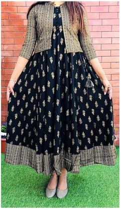 Premium rayon gold printed anarkali kurti with jacket, gown length 50" and flair 2.25 meter, jacket 18"