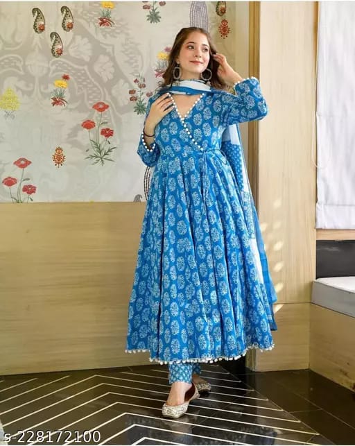 Rayon Printed Anarkali Kurta & Pant With Cotton Dupatta