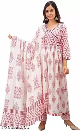 Women's Rayon Printed Anarkali Kurta with Pant Palazzo & Dupatta Set Printed Anarkali Kurta, Bottom & Dupatta Set