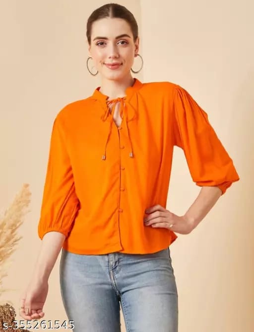 FARGIN CASUAL PUFF SLEEVES SOLID WOMEN ORANGE TOP