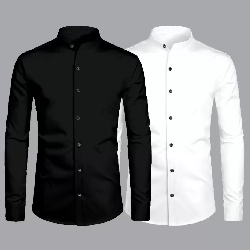 Men Slim Fit Solid Mandarin Collar Formal Shirt  (Pack of 2)