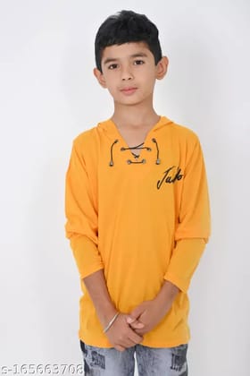 Solid Cotton  Mustard Yellow Hooded Neck  Full Sleeve T-shirt for  Boys