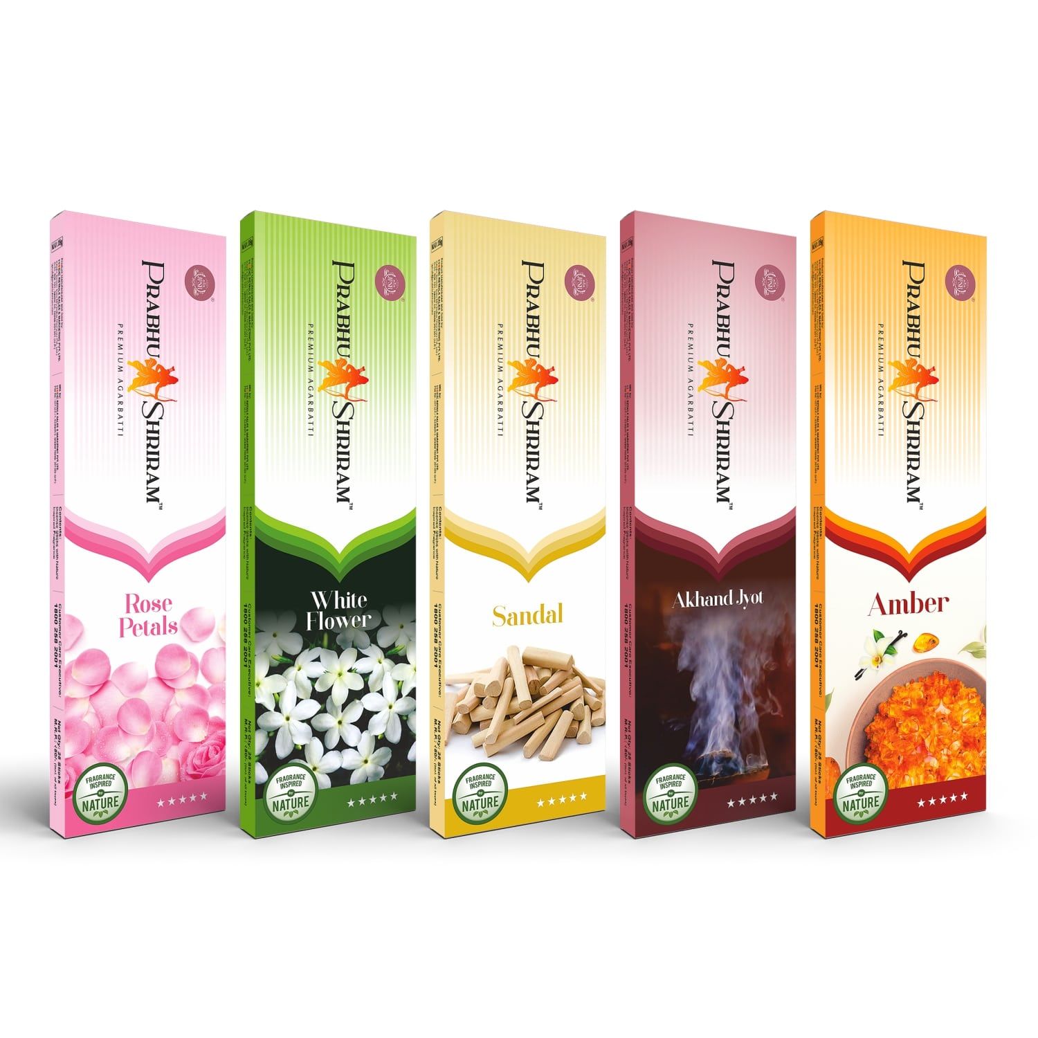 PRABHU SHRIRAM Pack of 5 White flower ,Sandal ,Amber , Akhand jyot & Rose petals combo 100% charcoal free Agarbatti Nature Inspired Fragrance