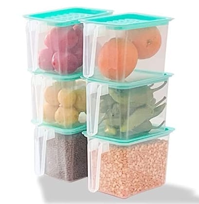 COOKZELLA Multipurpose Fridge Storage Containers & Jar Set Plastic Refrigerator Box With Handles And Airtight Lid Unbreakable Kitchen Storage Vegetable, Food, Fruits Basket - 1000ml(Pack Of 6)