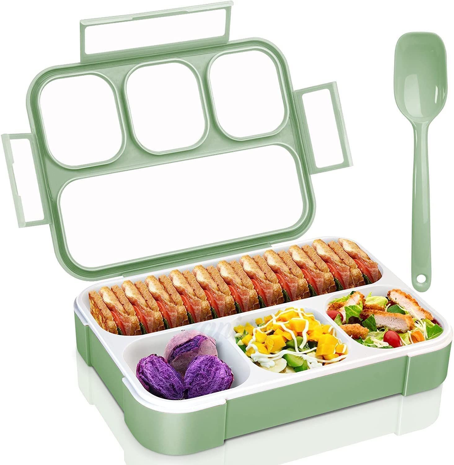 COOKZELLA 4 Compartment Lunch Box Reusable Microwave Freezer Safe Food Containers with Spoon