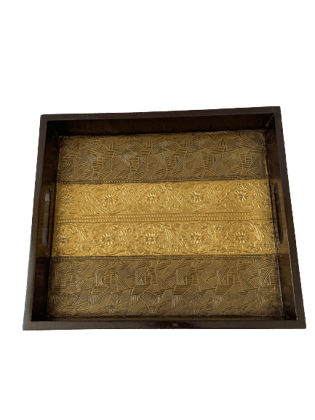 BRASS WODEEN TRAY GREAT FOR FOOD AND DRINK HOME DECOR SET/2