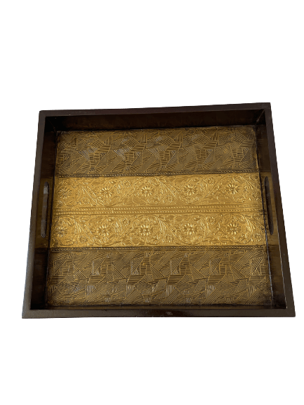 BRASS WODEEN TRAY GREAT FOR FOOD AND DRINK HOME DECOR SET/2