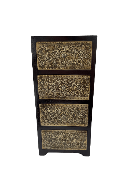 WOODEN AND METAL BRASS 4 DRAWER MINI BEDSIDE HOME DECOR