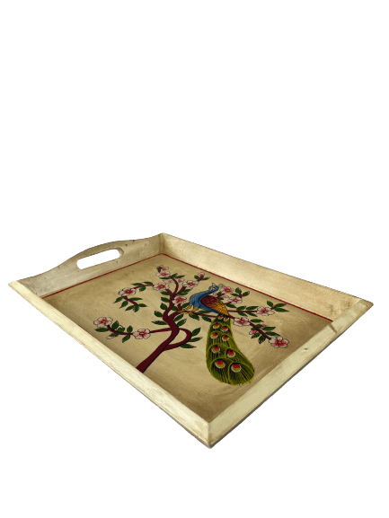 WOODEN HANDMADE SERVING TRAY FANCY DESIGN FOR PEACOCK AND FLOWER set/3