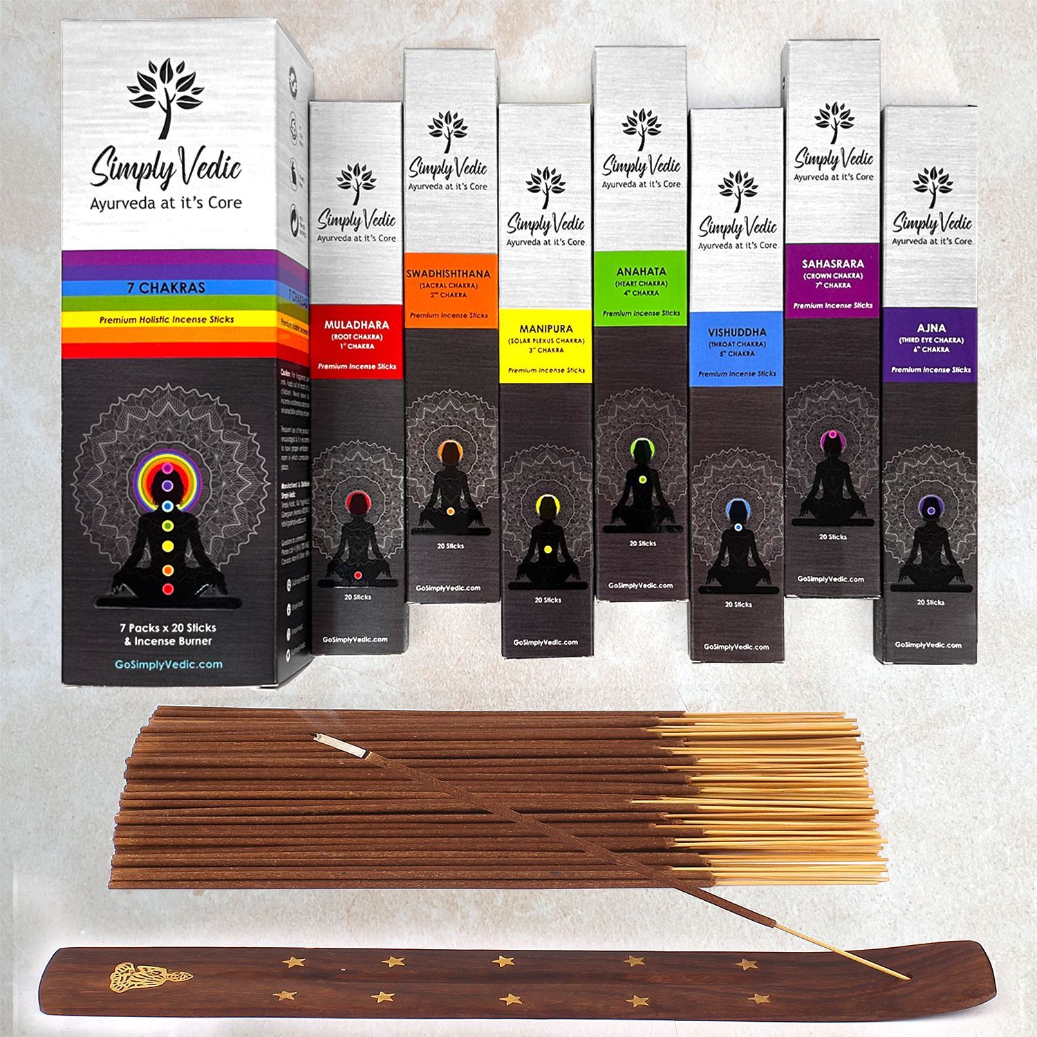 Simply Vedic 7-Chakra Premium 140 I Agarbatti with Burner Lasting  (20 Sticks x 7-Chakras)