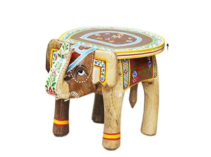 Kusum Art and Crafts Wooden Hand Painted Rajasthani Elephant Stool with Natural Finish (8x10x8, Multicolor-A)