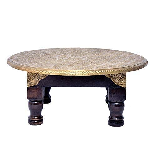 Kusum Art and Crafts Wooden hanipainted Bajot with Polish and Brass Fitted For Sitting and puja unit (12x12x6, Brown, Golden)