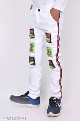 Boys Side Red Stripe Jeans - Kids Designer Denim Jeans (White)