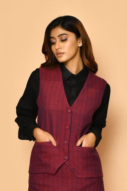 Red V-neck Handloom Cotton Jacket