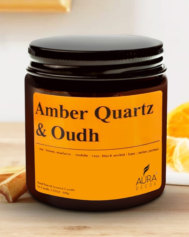 AuraDecor Scented Soy Wax Amber Jar Candle, Organic Luxury Aroma, Aromatic/Aromatherapy Votive Candle || Burning Time Upto 30 Hours (Amber Quartz & Oudh, Large)