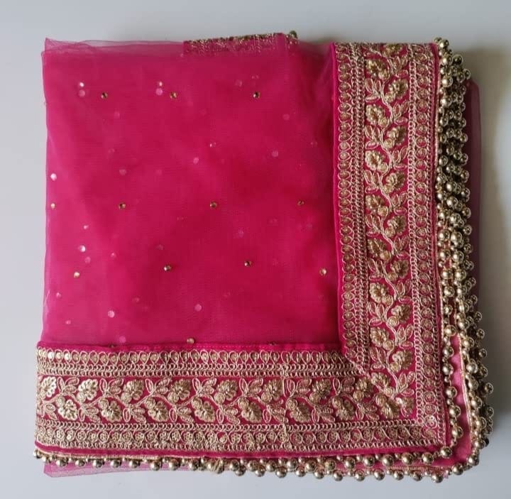 Mamta Collections Bridal Dupatta Net Chunris with Saubhagyawati Bhaw Hand Embroidery Border | Hand Embroidery Wedding Bridal Heavy Traditional Dupatta For Women's & Girl's, Wedding Ceremony,Pooja,Festival (Border width -4.5cm) 2.25 Meter