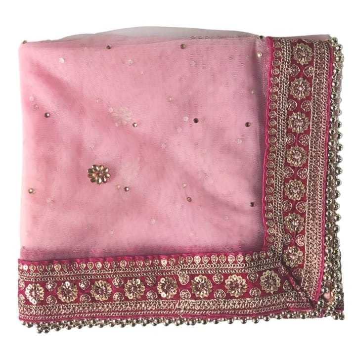 Mamta Collection Wedding Dupatta | Net Border Bridal Wedding Dupatta With 4 Side Velet Border With Sequence Work and 4 side Beads Lace