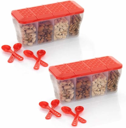 Metrolife Red Color Multipurpose 4 Partition Food Storage Box, Spice Boxes for Kitchen | Airtight Dabba With Spoons-Pack of 2