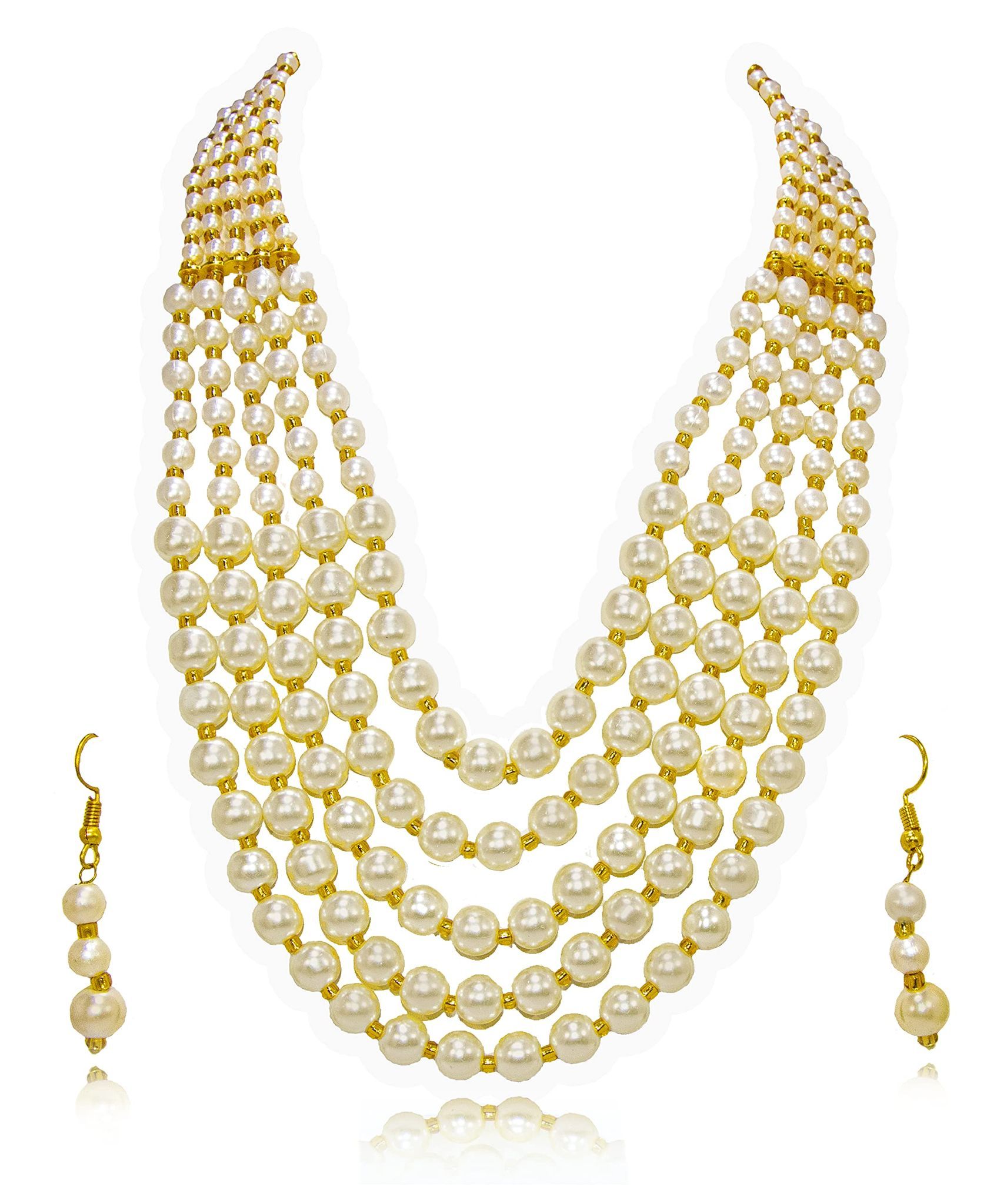 Frikki 5 Multi Strings Dual Tone Layered Pearl Gold-Plated Long Necklace Set For Women & Girls With Earrings (White)