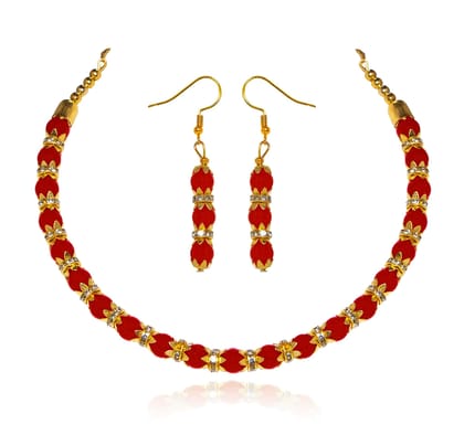 Morbih Beads Hasli Studded Diamond Stones Gold-Plated Choker Necklace Jewellery Set For Girls Women With Earrings (Orange)