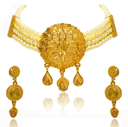 Frikki Gold Plated Pearl Golden Jewellery Choker Set For Women Traditional Chokar Jewelry Set Latest Design