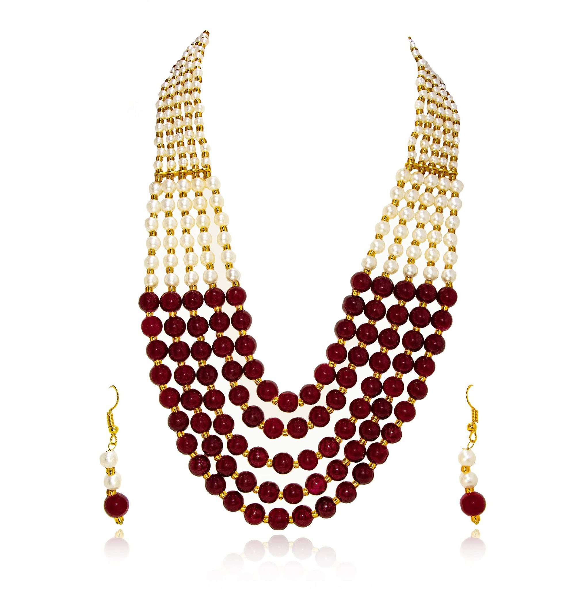 Morbih 5 Multi Strings Dual Tone Layered Pearl Gold-Plated Long Necklace Set For Women & Girls With Earrings (Maroon & White)