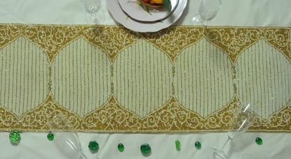 HM Creations Treasures White and Gold Table Runner, Beaded Table Runner, Designer Table Topper 13X36 Inches