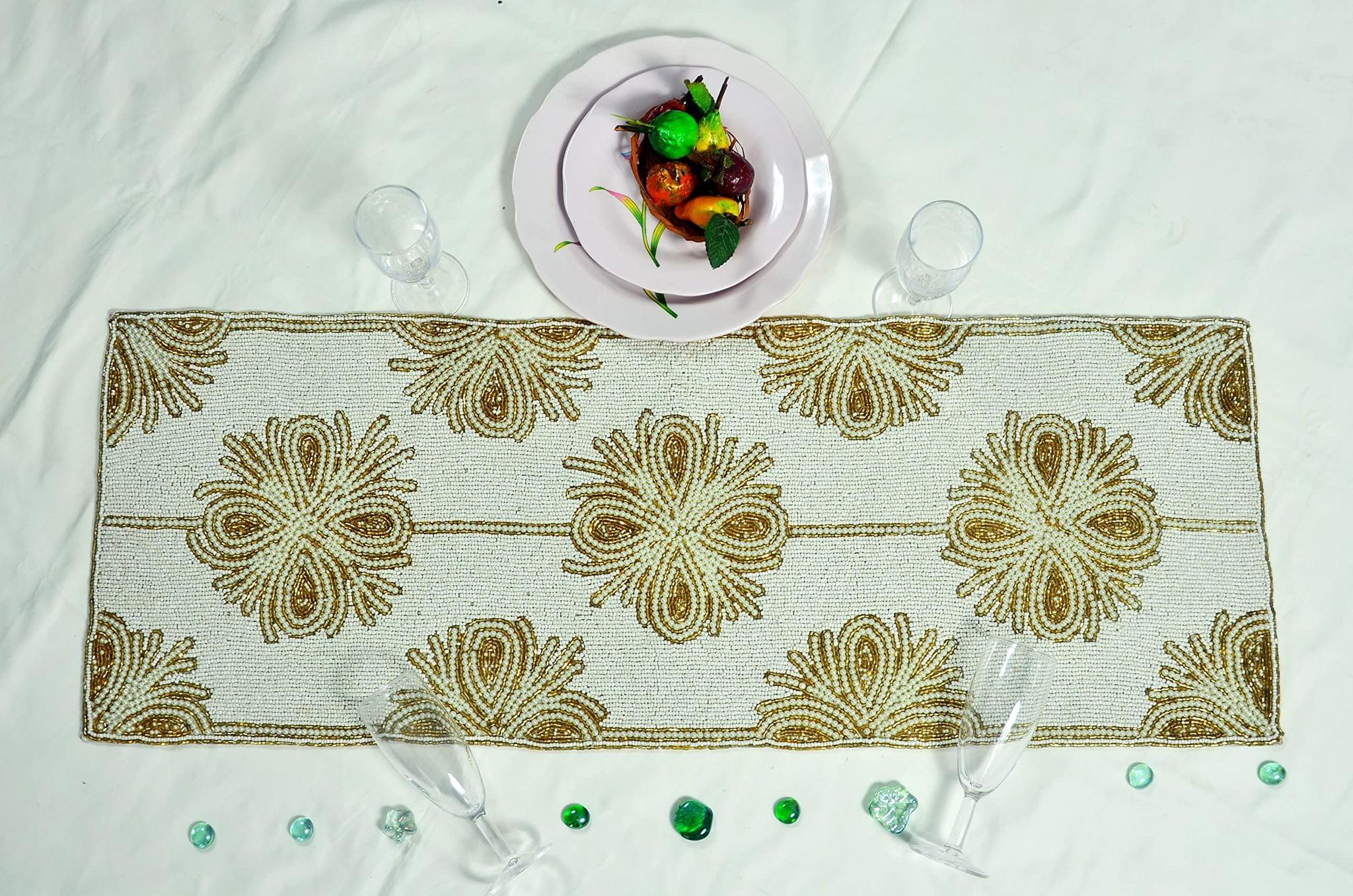 HM Creations White and Gold Table Runner, Designer Table Runner, Floral Beaded Table Topper 13X36 Inches