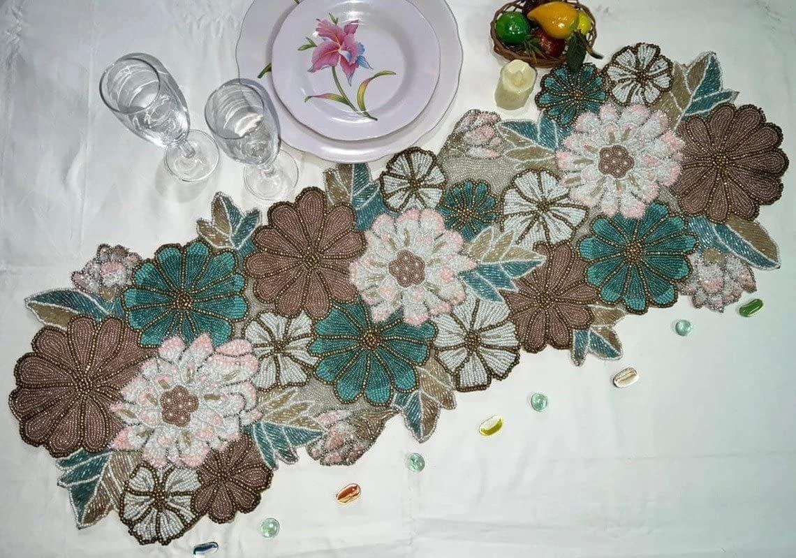 HM Creations Floral Spring Table Runner, Handmade Beads Table Runner, Multicolor Dining Table Topper 13X36 Inch